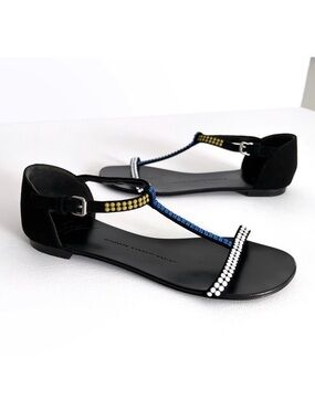 Giuseppe Zanotti Crystal Embellished T-Strap Flat Sandals Size 7.5